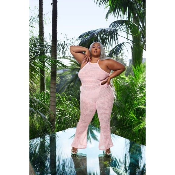Yitty Lizzo Knit Slip Flare Leg Pink Blush Crochet Festival Jumpsuit Size XL - Picture 2 of 6